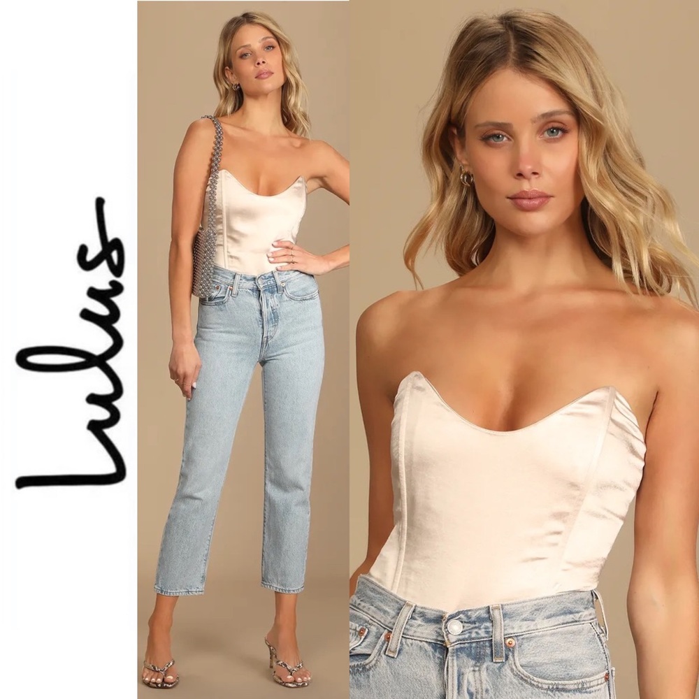 Splendidly Sultry Champagne Satin Strapless Bustier Bodysuit from Lulus